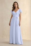 Ruffled V - Neck Chiffon A - Line Bridesmaid Dress in Ice - KissProm Bridesmaid Dresses