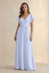 Ruffled V - Neck Chiffon A - Line Bridesmaid Dress in Ice - KissProm Bridesmaid Dresses