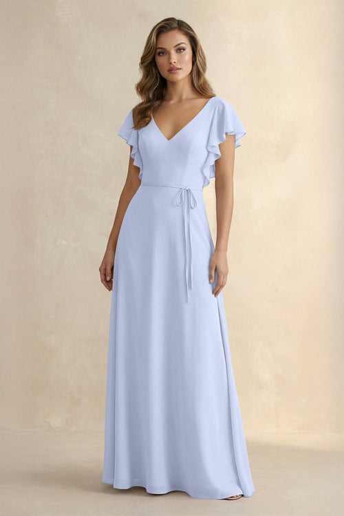 Ruffled V - Neck Chiffon A - Line Bridesmaid Dress in Ice - KissProm Bridesmaid Dresses