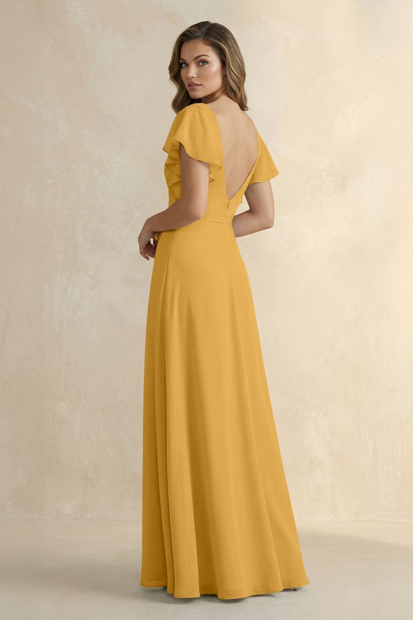 Ruffled V - Neck Chiffon A - Line Bridesmaid Dress in Marigold - KissProm Bridesmaid Dresses