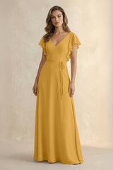 Ruffled V - Neck Chiffon A - Line Bridesmaid Dress in Marigold - KissProm Bridesmaid Dresses