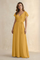 Ruffled V - Neck Chiffon A - Line Bridesmaid Dress in Marigold - KissProm Bridesmaid Dresses