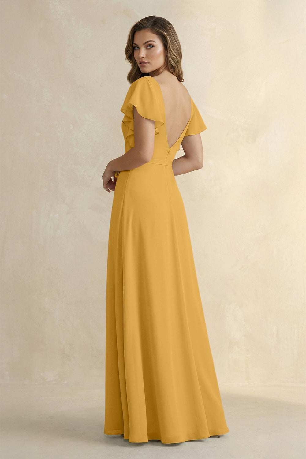 Ruffled V - Neck Chiffon A - Line Bridesmaid Dress in Marigold - KissProm Bridesmaid Dresses