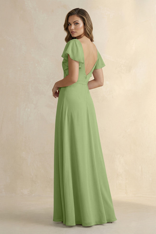 Ruffled V - Neck Chiffon A - Line Bridesmaid Dress in Matcha - KissProm Bridesmaid Dresses