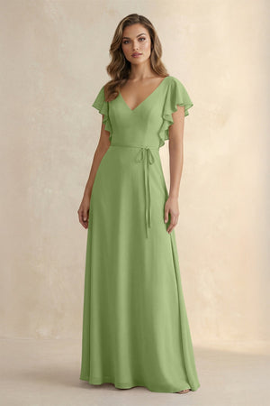 Ruffled V - Neck Chiffon A - Line Bridesmaid Dress in Matcha - KissProm Bridesmaid Dresses