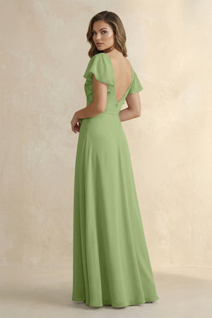 Ruffled V - Neck Chiffon A - Line Bridesmaid Dress in Matcha - KissProm Bridesmaid Dresses