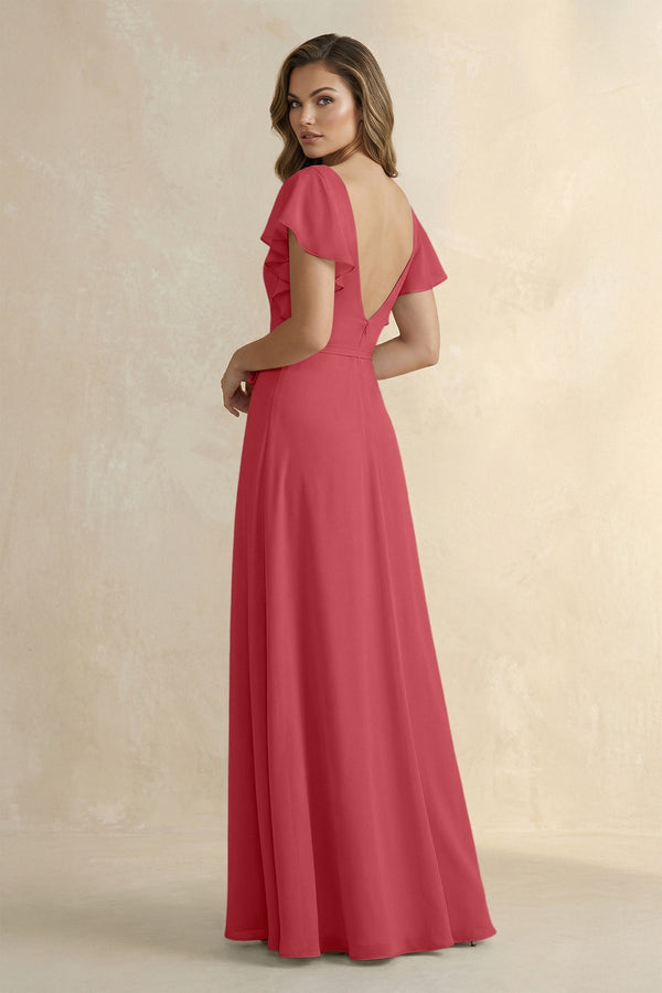 Ruffled V - Neck Chiffon A - Line Bridesmaid Dress in Merlot - KissProm Bridesmaid Dresses