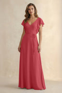 Ruffled V - Neck Chiffon A - Line Bridesmaid Dress in Merlot - KissProm Bridesmaid Dresses