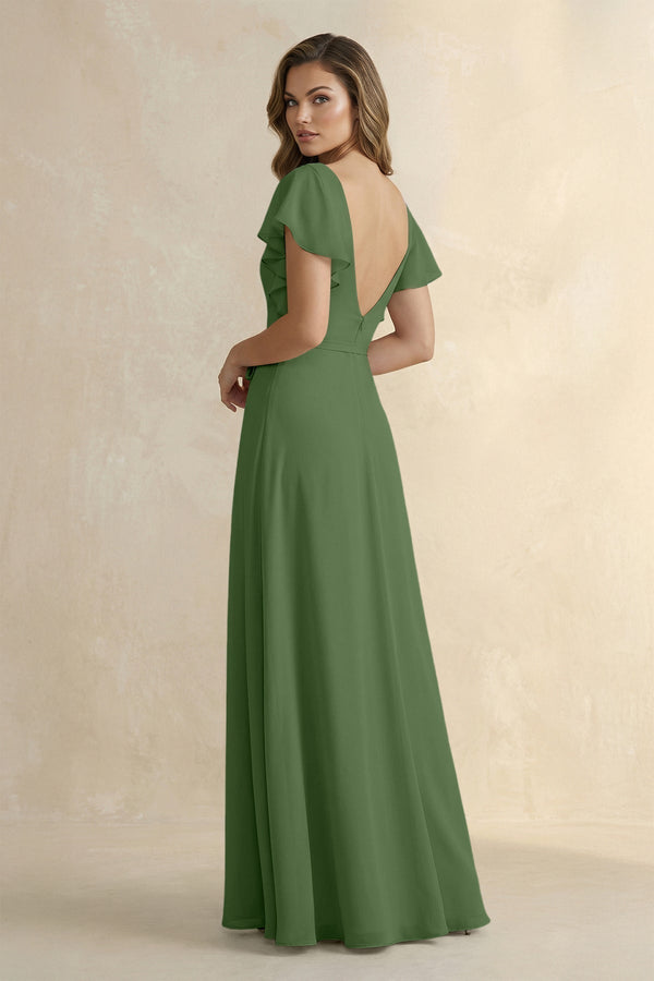 Ruffled V - Neck Chiffon A - Line Bridesmaid Dress in Moss - KissProm Bridesmaid Dresses