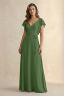Ruffled V - Neck Chiffon A - Line Bridesmaid Dress in Moss - KissProm Bridesmaid Dresses