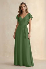 Ruffled V - Neck Chiffon A - Line Bridesmaid Dress in Moss - KissProm Bridesmaid Dresses