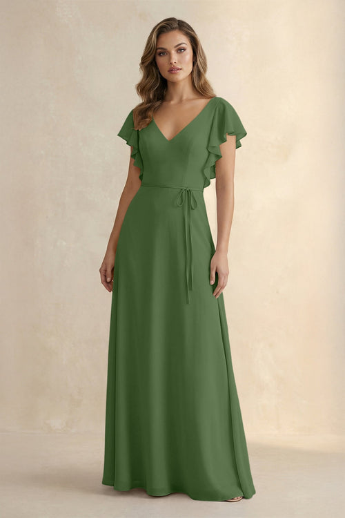 Ruffled V - Neck Chiffon A - Line Bridesmaid Dress in Moss - KissProm Bridesmaid Dresses