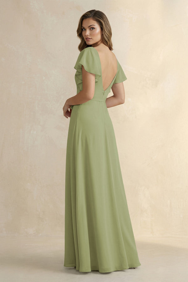 Ruffled V - Neck Chiffon A - Line Bridesmaid Dress in Moss Green - KissProm Bridesmaid Dresses