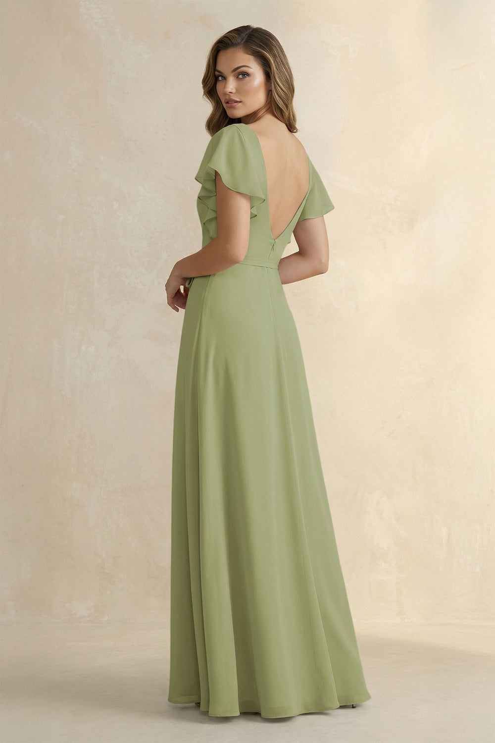 Ruffled V - Neck Chiffon A - Line Bridesmaid Dress in Moss Green - KissProm Bridesmaid Dresses