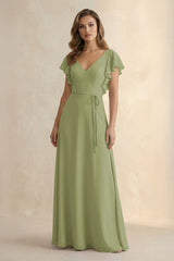 Ruffled V - Neck Chiffon A - Line Bridesmaid Dress in Moss Green - KissProm Bridesmaid Dresses