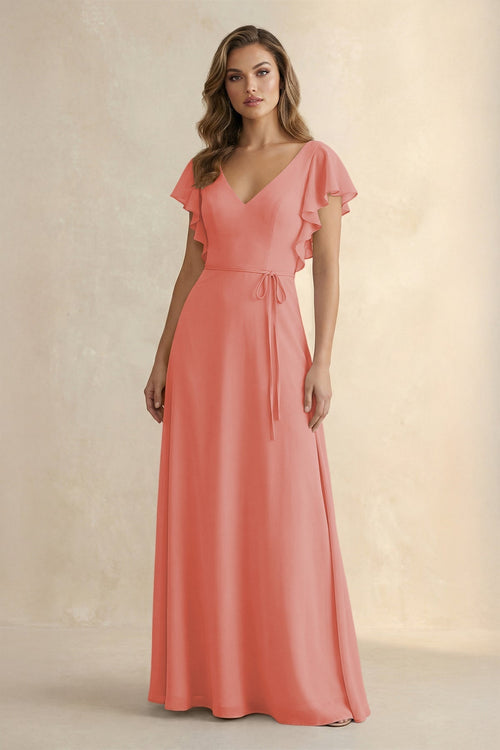 Ruffled V - Neck Chiffon A - Line Bridesmaid Dress in Mulberry - KissProm Bridesmaid Dresses