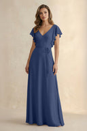 Ruffled V - Neck Chiffon A - Line Bridesmaid Dress in Navy - KissProm Bridesmaid Dresses