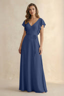 Ruffled V - Neck Chiffon A - Line Bridesmaid Dress in Navy - KissProm Bridesmaid Dresses