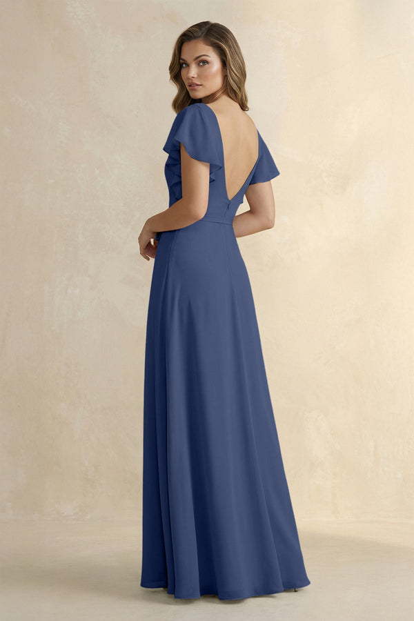 Ruffled V - Neck Chiffon A - Line Bridesmaid Dress in Navy - KissProm Bridesmaid Dresses