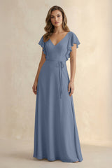 Ruffled V - Neck Chiffon A - Line Bridesmaid Dress in Neptune - KissProm Bridesmaid Dresses