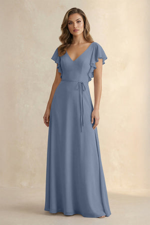 Ruffled V - Neck Chiffon A - Line Bridesmaid Dress in Neptune - KissProm Bridesmaid Dresses