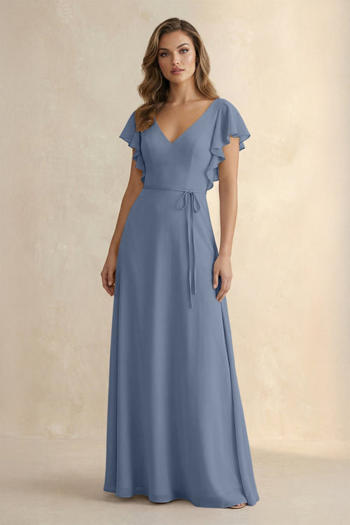 Ruffled V - Neck Chiffon A - Line Bridesmaid Dress in Neptune - KissProm Bridesmaid Dresses