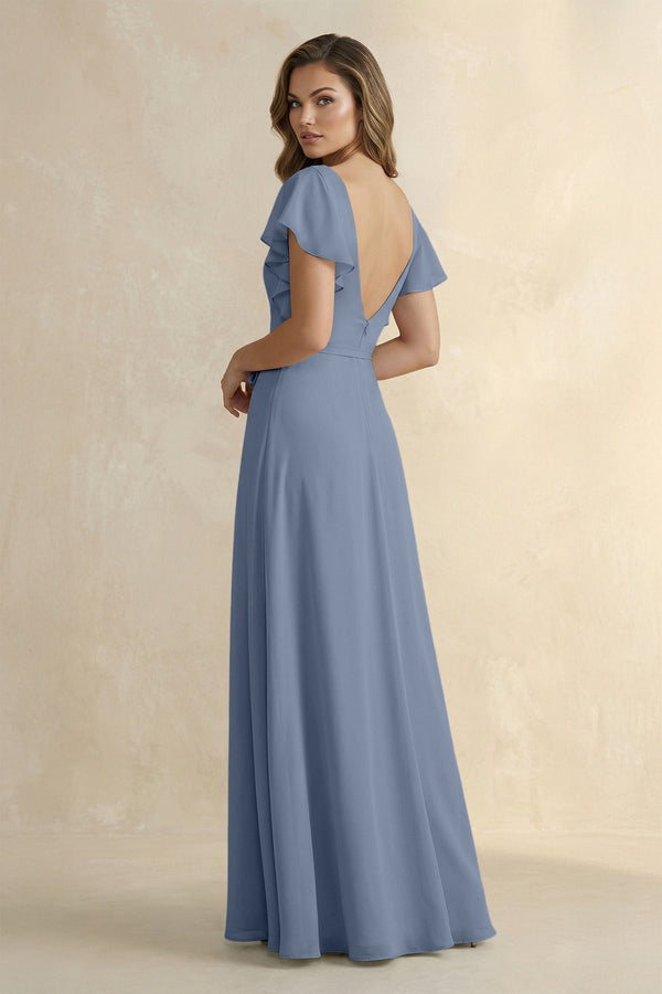 Ruffled V - Neck Chiffon A - Line Bridesmaid Dress in Neptune - KissProm Bridesmaid Dresses
