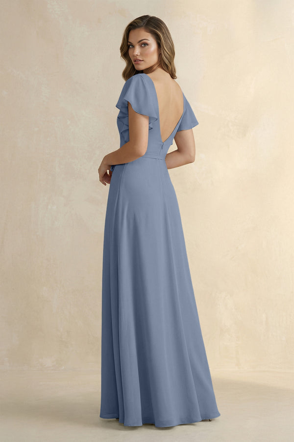 Ruffled V - Neck Chiffon A - Line Bridesmaid Dress in Neptune - KissProm Bridesmaid Dresses