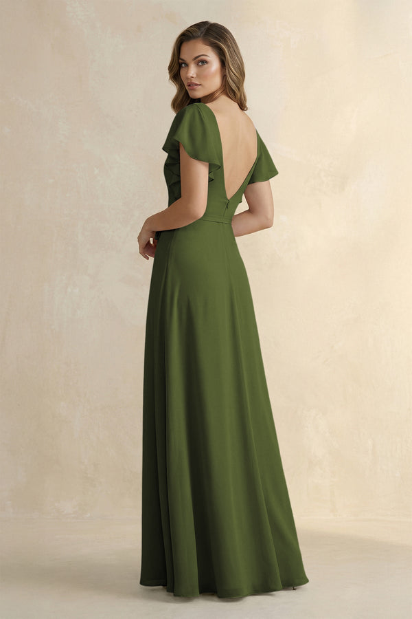 Ruffled V - Neck Chiffon A - Line Bridesmaid Dress in Olive - KissProm Bridesmaid Dresses