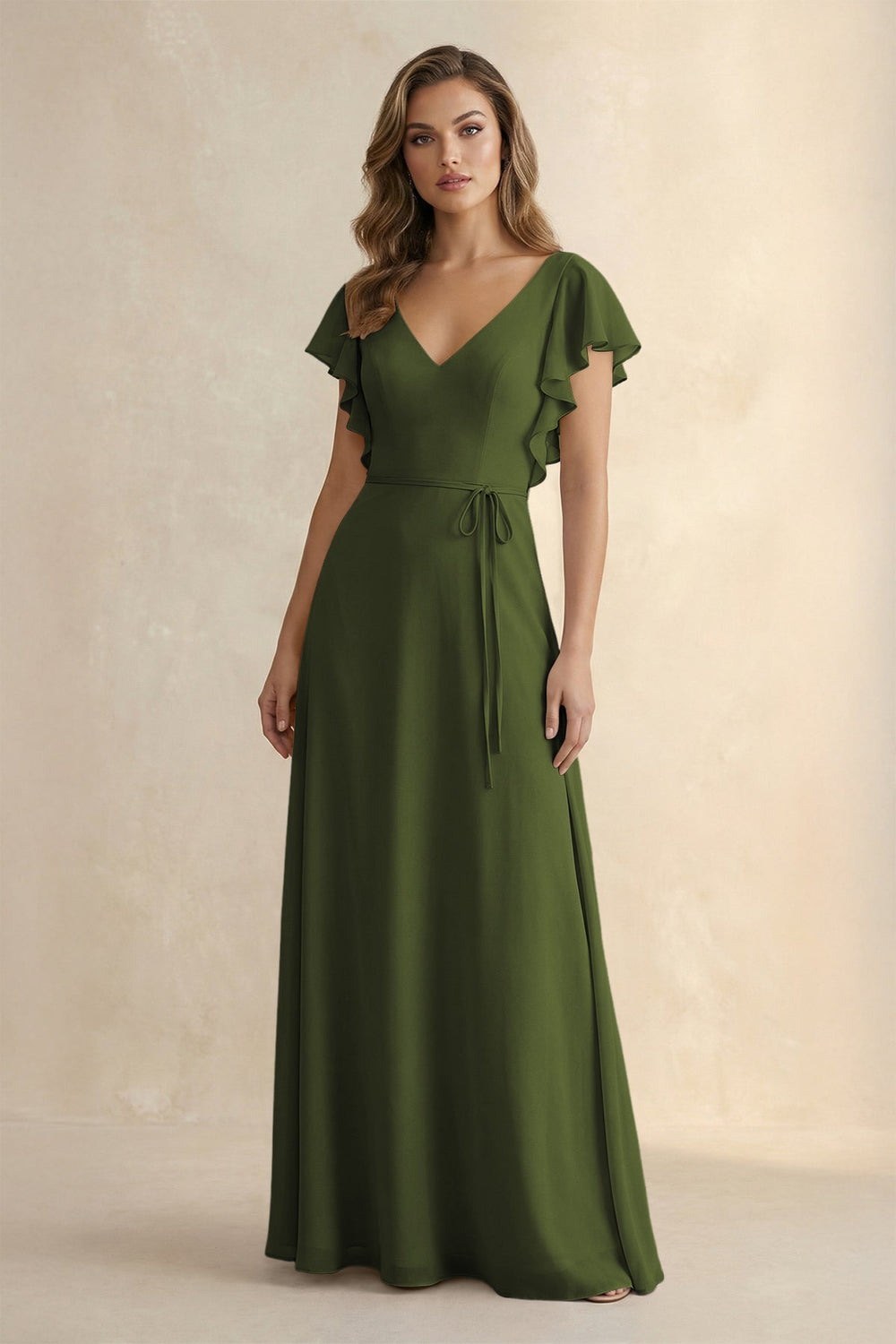 Ruffled V - Neck Chiffon A - Line Bridesmaid Dress in Olive - KissProm Bridesmaid Dresses