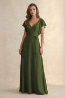 Ruffled V - Neck Chiffon A - Line Bridesmaid Dress in Olive - KissProm Bridesmaid Dresses