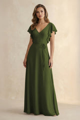 Ruffled V - Neck Chiffon A - Line Bridesmaid Dress in Olive - KissProm Bridesmaid Dresses