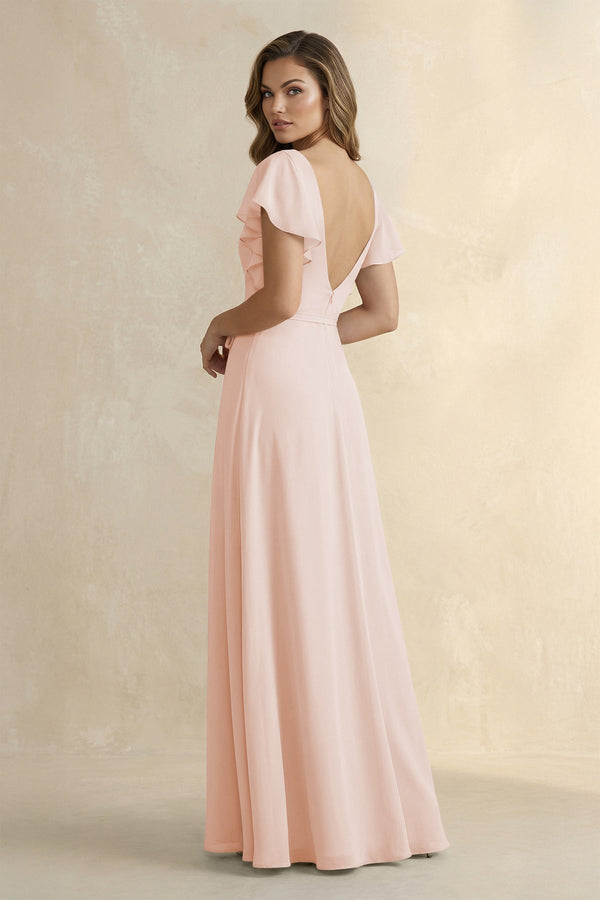 Ruffled V - Neck Chiffon A - Line Bridesmaid Dress in Pale Blush - KissProm Bridesmaid Dresses