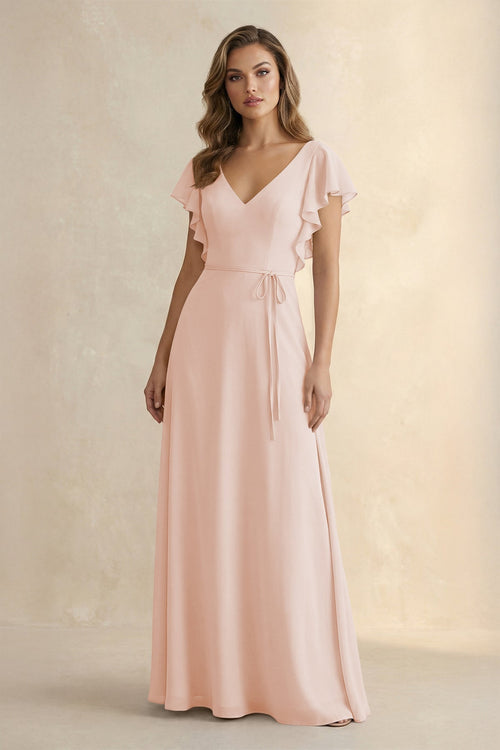Ruffled V - Neck Chiffon A - Line Bridesmaid Dress in Pale Blush - KissProm Bridesmaid Dresses