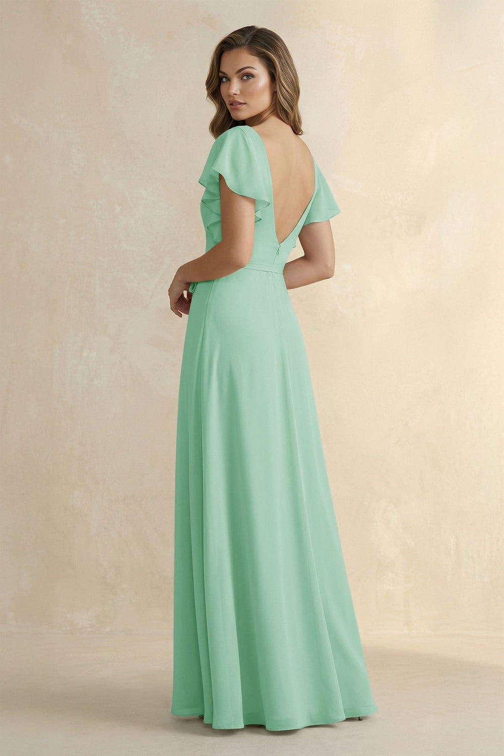 Ruffled V - Neck Chiffon A - Line Bridesmaid Dress in Pale Pistachio - KissProm Bridesmaid Dresses