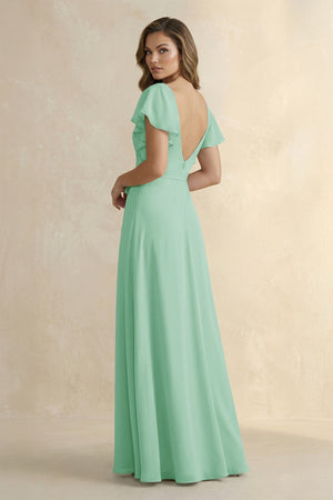 Ruffled V - Neck Chiffon A - Line Bridesmaid Dress in Pale Pistachio - KissProm Bridesmaid Dresses