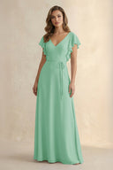 Ruffled V - Neck Chiffon A - Line Bridesmaid Dress in Pale Pistachio - KissProm Bridesmaid Dresses