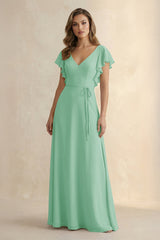Ruffled V - Neck Chiffon A - Line Bridesmaid Dress in Pale Pistachio - KissProm Bridesmaid Dresses