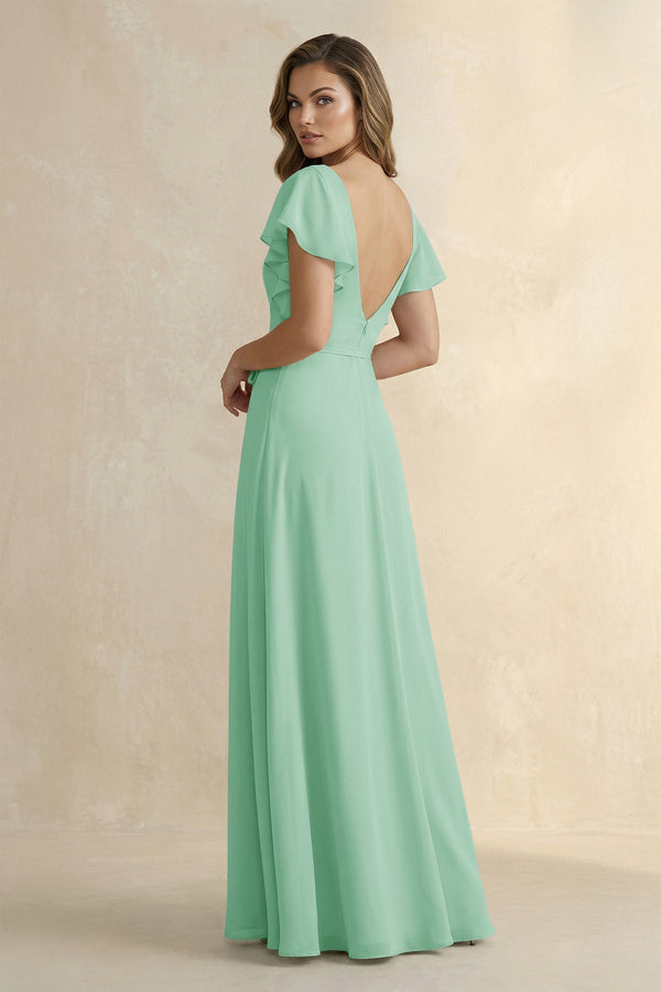 Ruffled V - Neck Chiffon A - Line Bridesmaid Dress in Pale Pistachio - KissProm Bridesmaid Dresses