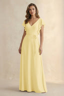 Ruffled V - Neck Chiffon A - Line Bridesmaid Dress in Pastel Yellow - KissProm Bridesmaid Dresses