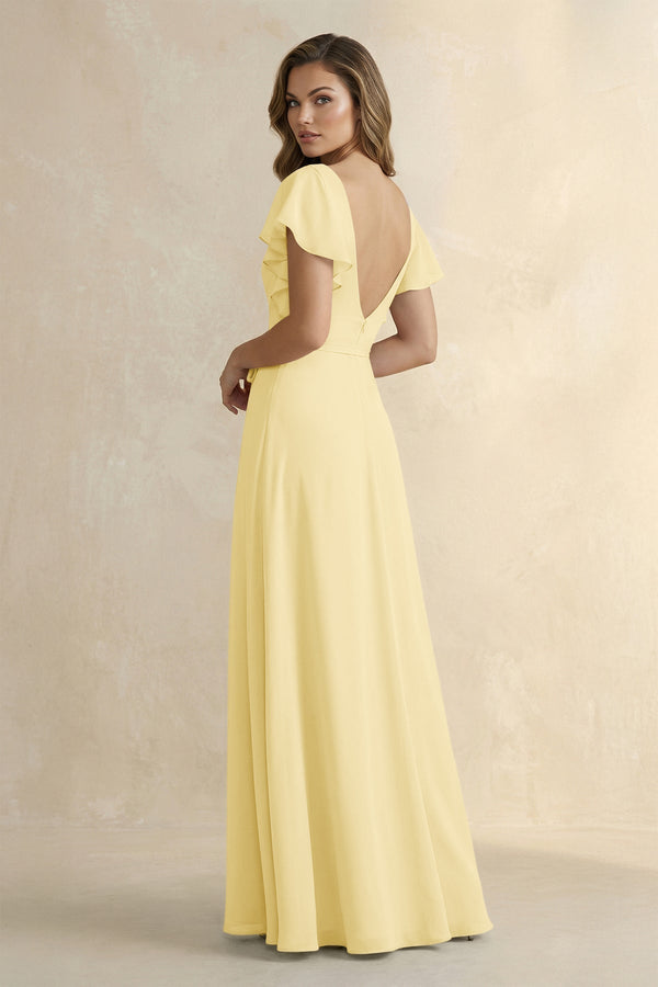 Ruffled V - Neck Chiffon A - Line Bridesmaid Dress in Pastel Yellow - KissProm Bridesmaid Dresses