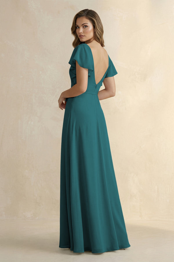 Ruffled V - Neck Chiffon A - Line Bridesmaid Dress in Pine - KissProm Bridesmaid Dresses