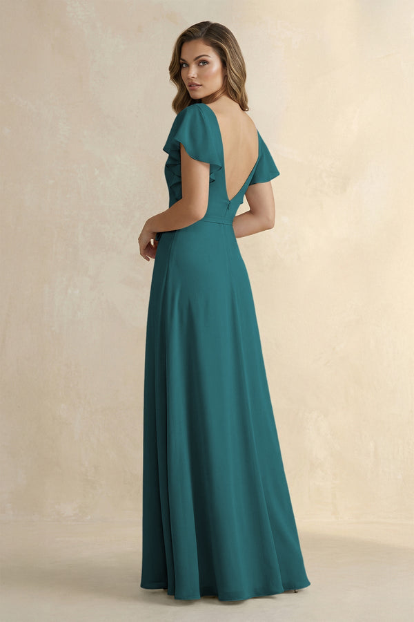 Ruffled V - Neck Chiffon A - Line Bridesmaid Dress in Pine - KissProm Bridesmaid Dresses