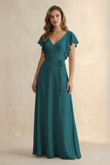 Ruffled V - Neck Chiffon A - Line Bridesmaid Dress in Pine - KissProm Bridesmaid Dresses