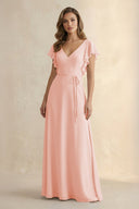 Ruffled V - Neck Chiffon A - Line Bridesmaid Dress in Rose Petal - KissProm Bridesmaid Dresses