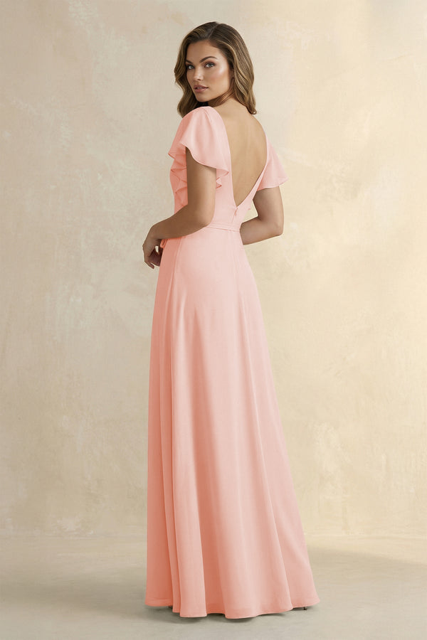 Ruffled V - Neck Chiffon A - Line Bridesmaid Dress in Rose Petal - KissProm Bridesmaid Dresses