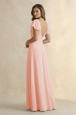 Ruffled V - Neck Chiffon A - Line Bridesmaid Dress in Rose Petal - KissProm Bridesmaid Dresses