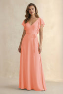 Ruffled V - Neck Chiffon A - Line Bridesmaid Dress in Rosette - KissProm Bridesmaid Dresses