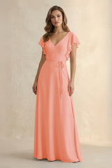 Ruffled V - Neck Chiffon A - Line Bridesmaid Dress in Rosette - KissProm Bridesmaid Dresses