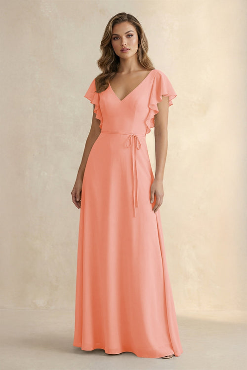 Ruffled V - Neck Chiffon A - Line Bridesmaid Dress in Rosette - KissProm Bridesmaid Dresses